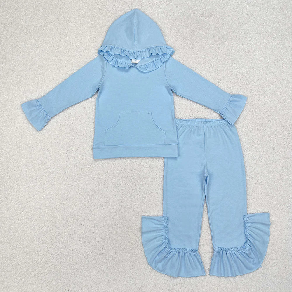 1.19 RTS 5 Colors Cotton Sibling Baby Girls Hooded Ruffle Top Bell Pants Clothes Sets