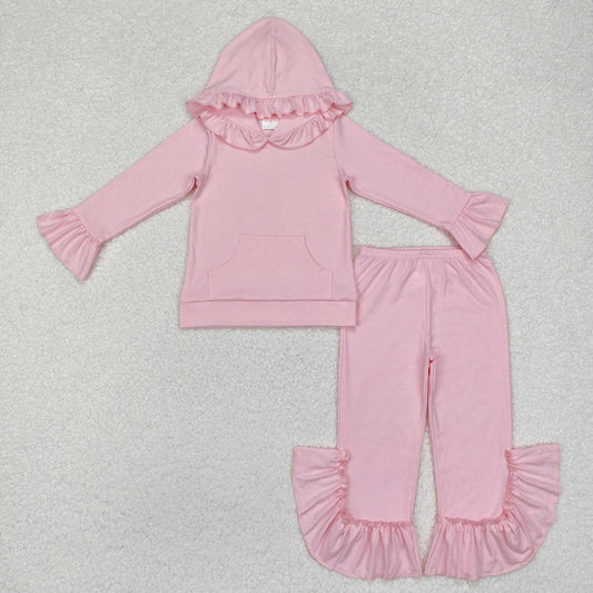 GLP2059 Pink color cotton ruffle hoodie pants girls clothing set
