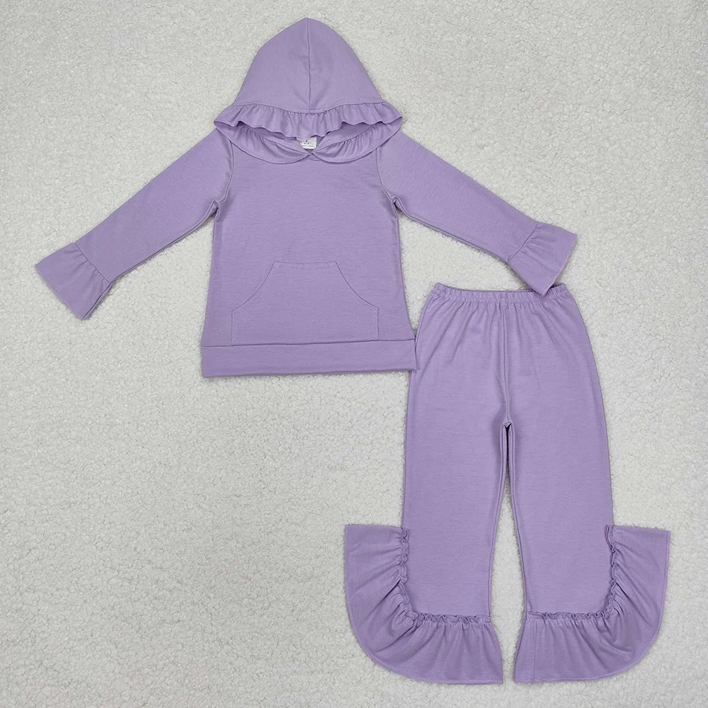 1.19 RTS 5 Colors Cotton Sibling Baby Girls Hooded Ruffle Top Bell Pants Clothes Sets