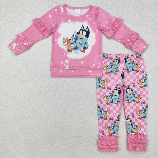 GLP2088 Pink bleached dog ruffle top pants girls clothing set