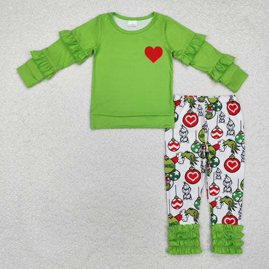 RTS Green heart ruffle top green face pants girls Christmas set