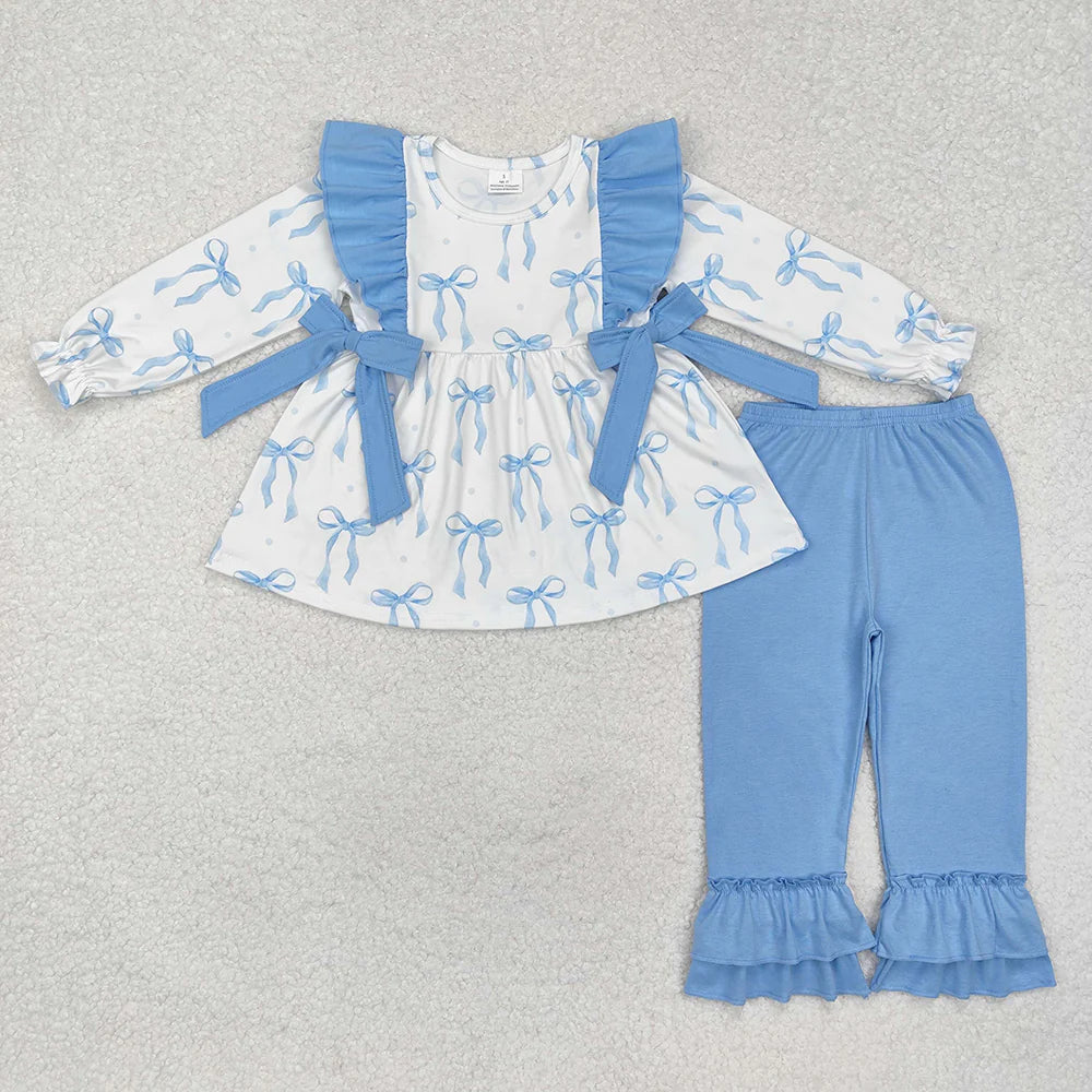 1.19 RTS Sibling Baby Girls Blue Bows Rompers Clothes Sets