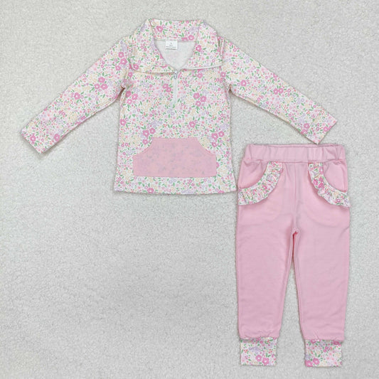 GLP2118 Pink floral pocket zip pullover pants girls clothing set