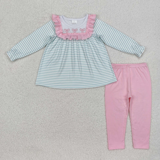 GLP2135  Green stripe bow tunic pink leggings girls clothing set