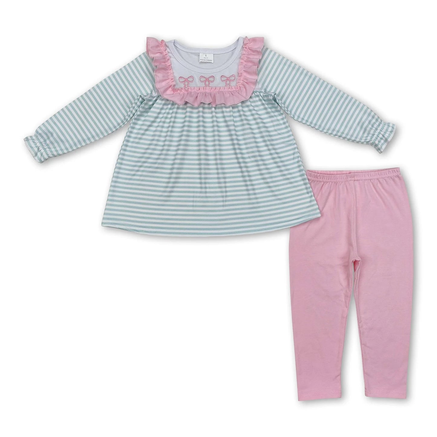 10.10 RTS Sibling Baby Girls Embroidery Bows Stripe Tunic Leggings Pants Clothes Sets