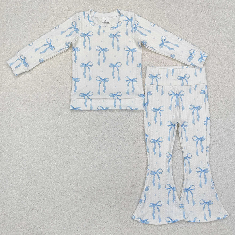 1.13 RTS Sibling Baby Girls Blue Bows Cable Print Rompers Pajamas Suits