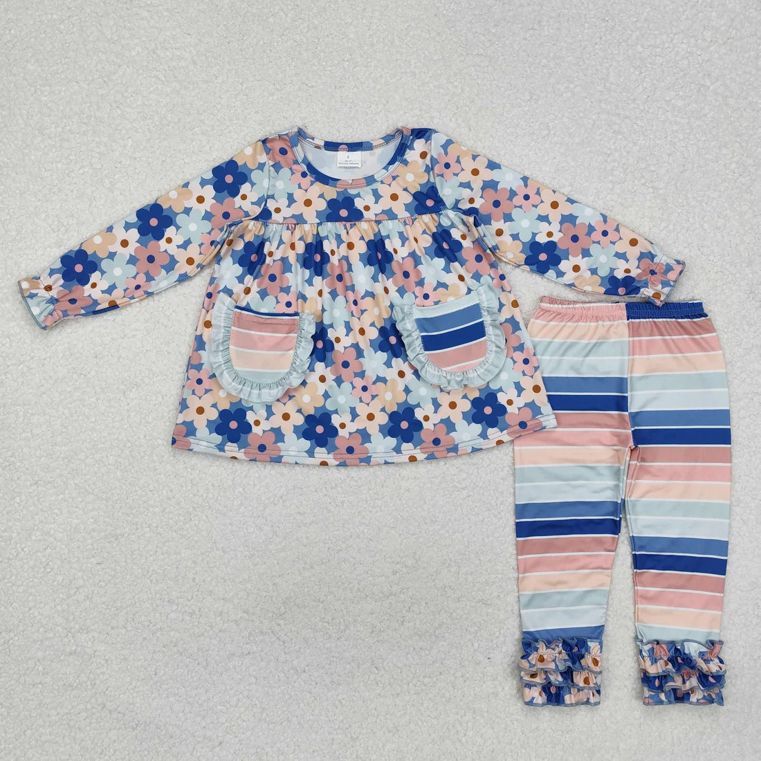 10.2 RTS Sibling Baby Girls Fall Flowers Leopard Pocket Button Tunic Legging Pants Clothing Sets