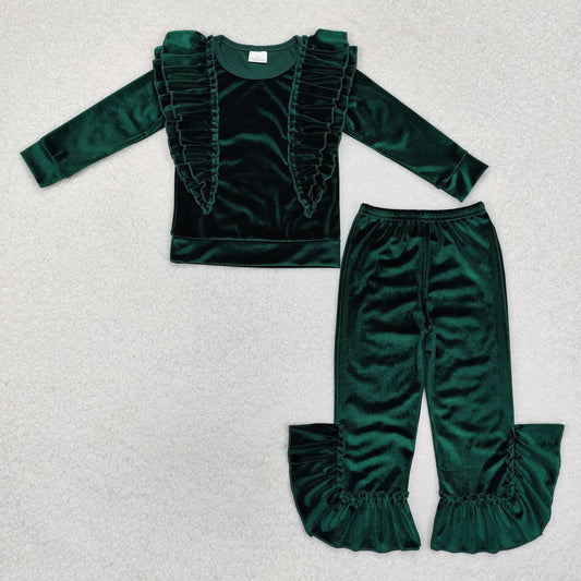 GLP2165 Green velvet ruffle top pants kids girls outfits