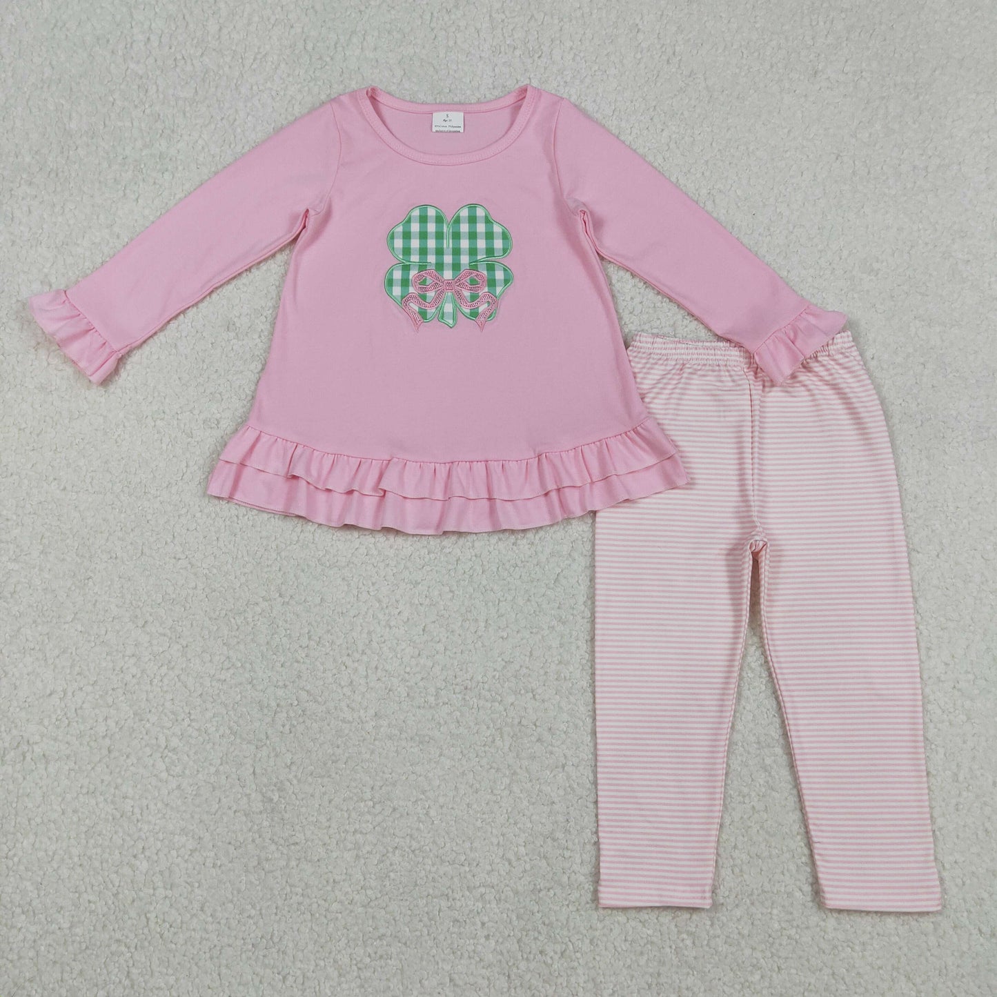 12.11 RTS NO MOQ （In stock）GLP2210 Embroidery Bow Clovers Baby Girls Tunic Stripe Leggings St Patrick Clothes Sets