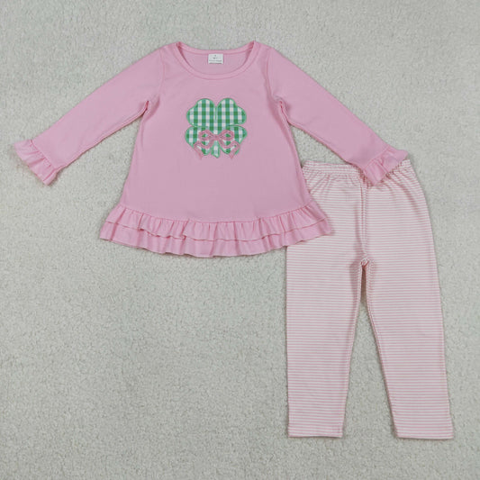 12.11 RTS NO MOQ （In stock）GLP2210 Embroidery Bow Clovers Baby Girls Tunic Stripe Leggings St Patrick Clothes Sets