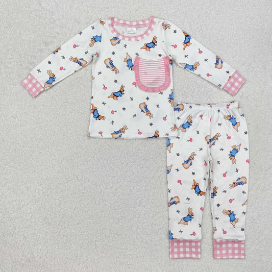 GLP2226  Pink plaid pocket rabbit baby girls Easter pajamas