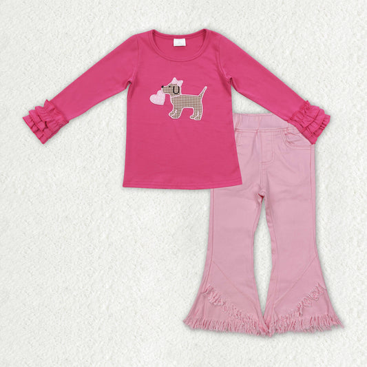GLP2236 Baby Girls Valentines Dog Heart Shirt Top Pink Fringe Denim Jeans Pants Clothes Sets