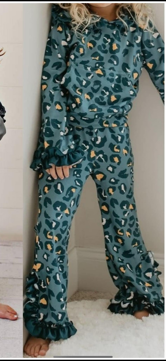 GLP2239 Baby Girls Green Leopard Hooded Top Pants Clothes Sets Preorder