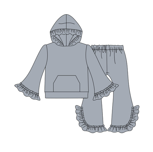 GLP2250 Baby Girls Grey Ruffle Hooded Top Pants Clothes Sets Preorder