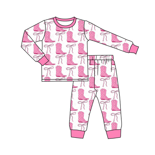 GLP2251 Baby Girls Pink Boots Bows Top Pants Pajamas Clothes Sets Preorder