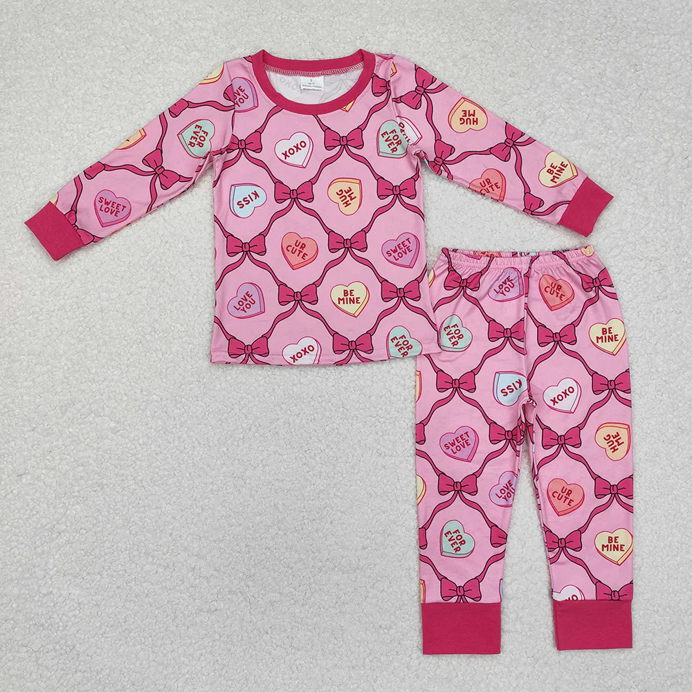 1.13 RTS Sibling Baby Girls Valentines Hearts Bows Romper Pajamas Clothes Sets