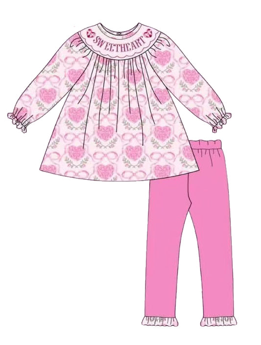 GLP2253 Baby Girls Pink Bows Sweetheart Tunic Ruffle Pants Outfits Clothes Sets
