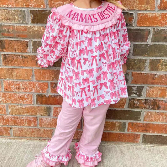 GLP2254 Baby Girls Pink Bows Mama's Bestie Tunic Ruffle Pants Outfits Clothes Sets
