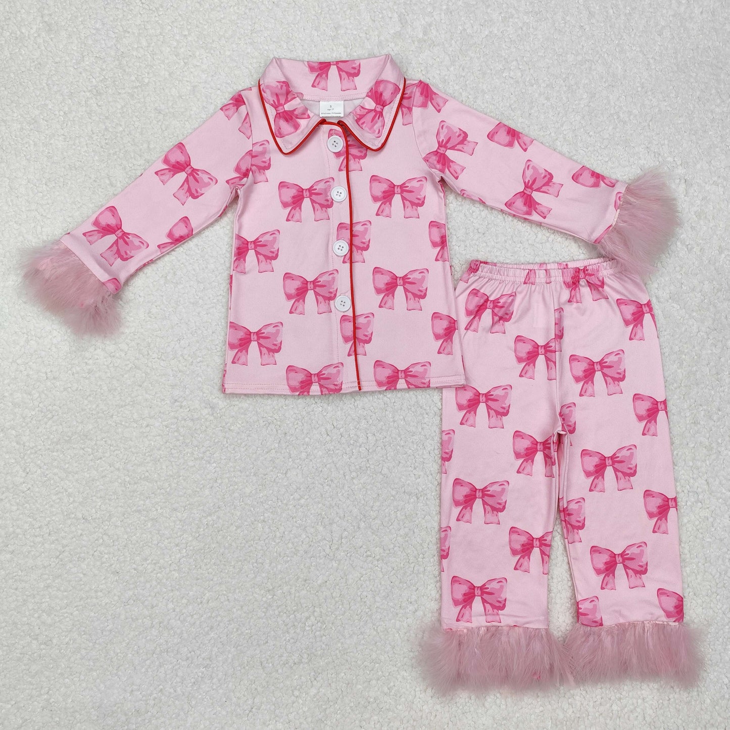 GLP2289Pink bow fur long sleeves kids girls button down pajamas