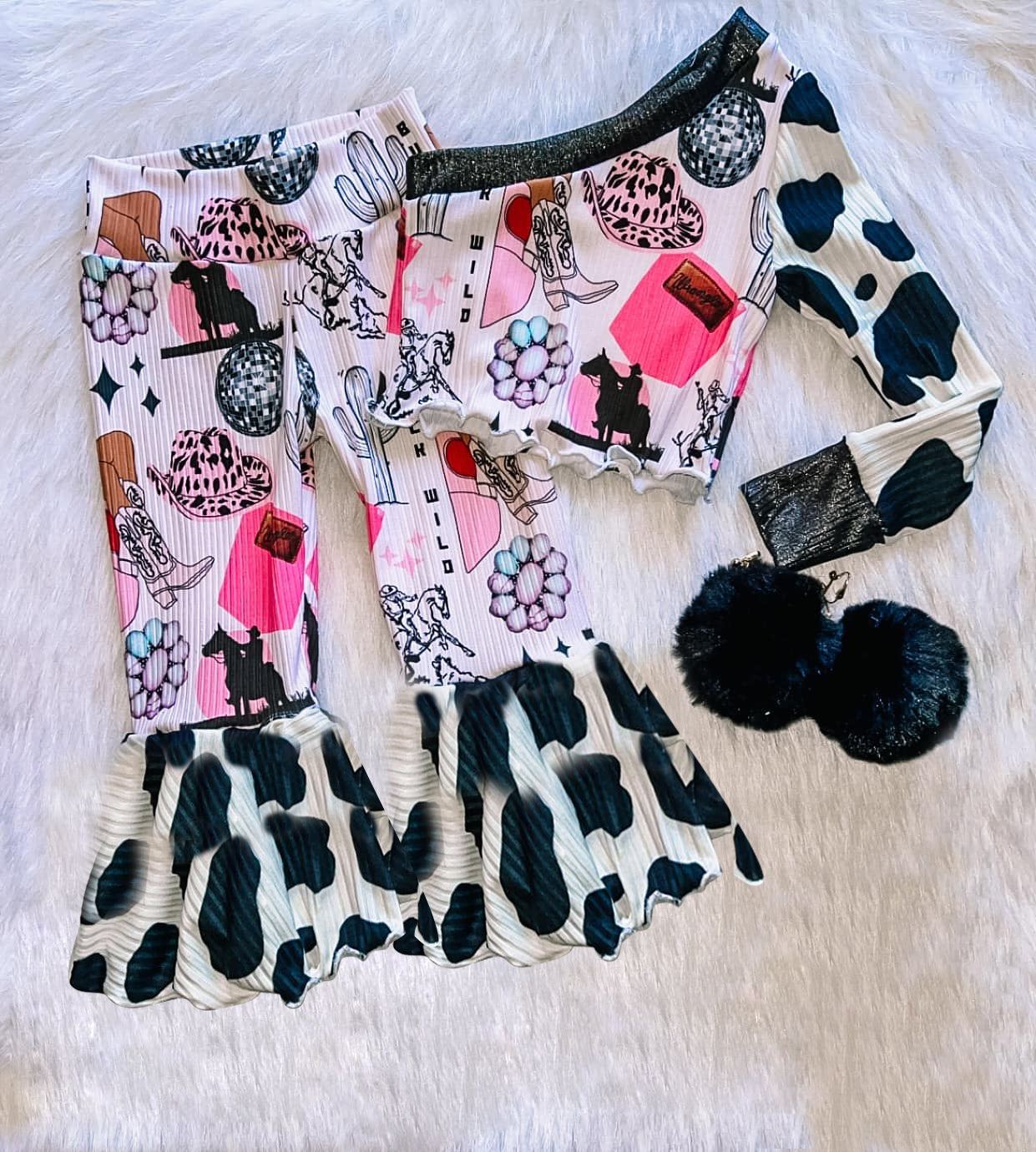 GLP2333Western Girls Outfit Set Includes Cactus Print Boots Hat Pants One-Shoulder Shirt Country Themed Children's Clothing