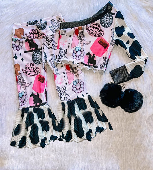 GLP2333Western Girls Outfit Set Includes Cactus Print Boots Hat Pants One-Shoulder Shirt Country Themed Children's Clothing