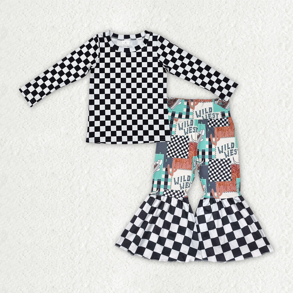 7.17   GLP2334 RTS NO MOQ Baby Girls Winter Outfits Baby Girls Long Sleeves Black Plaid Top Wild West Bell Bottom Pants Sets