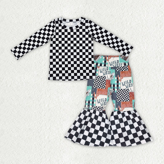 7.17   GLP2334 RTS NO MOQ Baby Girls Winter Outfits Baby Girls Long Sleeves Black Plaid Top Wild West Bell Bottom Pants Sets