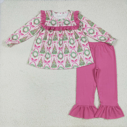 RTS NO MOQ （In stock） GLP2339  Baby Girls Winter Outfits Baby Girls Long Sleeves Trees Bows Tunic Ruffle Pant Set