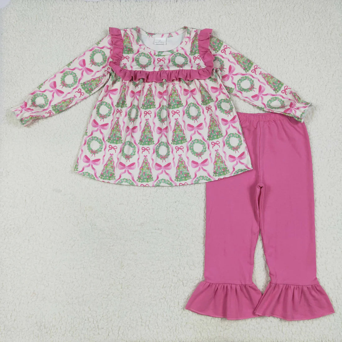 10.2 RTS Sibling Baby Girls Christmas Trees Bows Rompers Outfits Sets