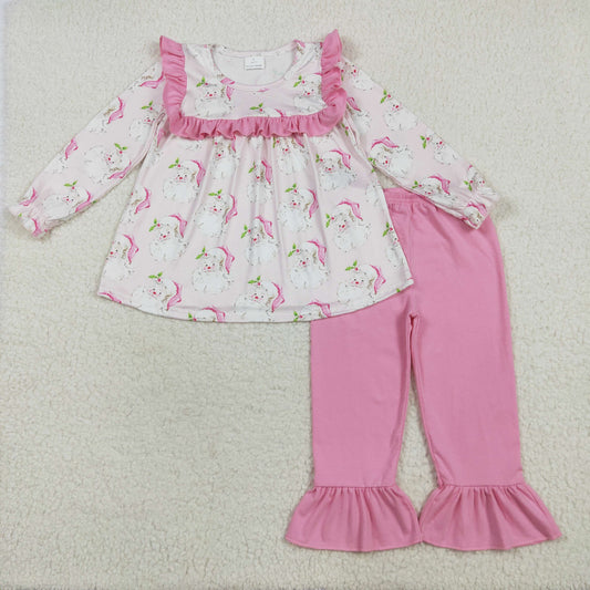 RTS NO MOQ （In stock）GLP2345 Baby Girls Winter Outfits Baby Girls Christmas Pink Santa Tunic Ruffle Pant Sets