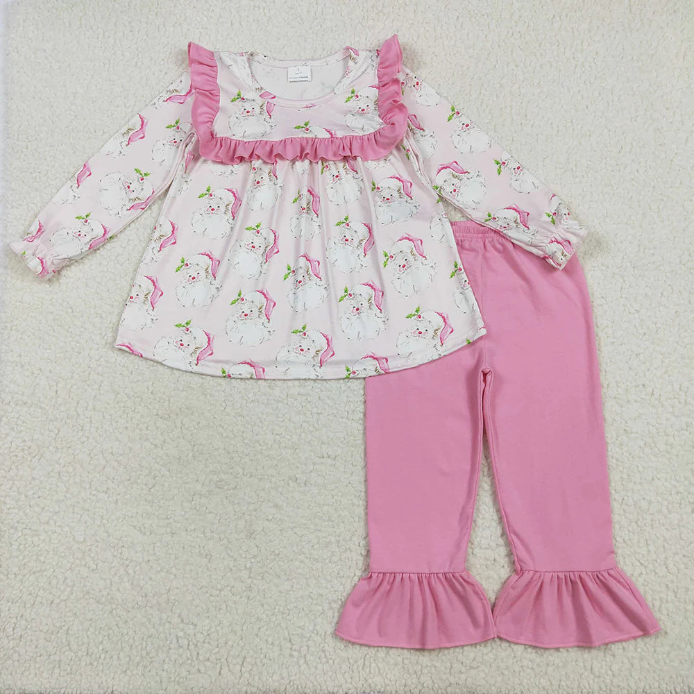 10.1 RTS Sibling Baby Girls Christmas Pink Santa Rompers Outfits Sets
