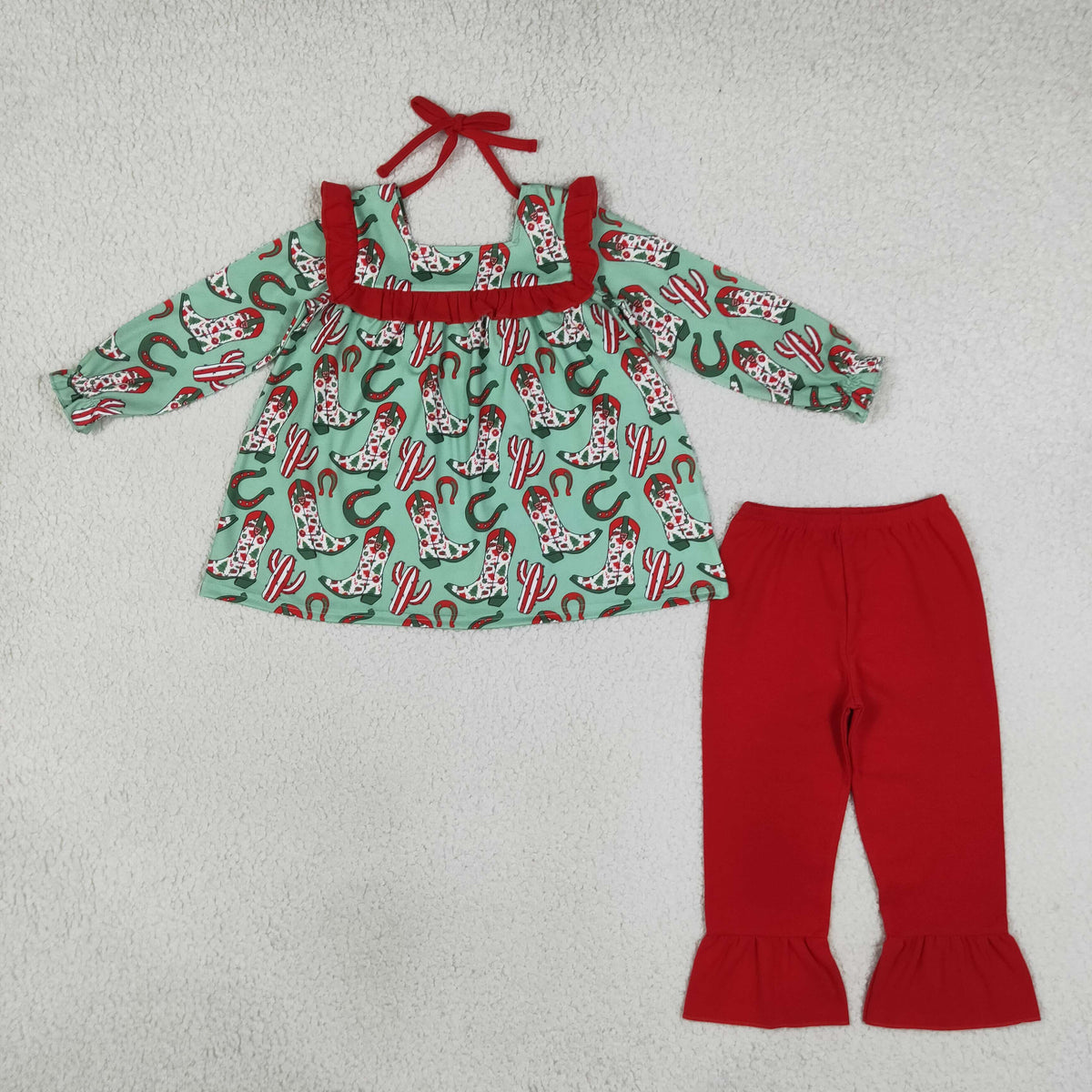 RTS NO MOQ （In stock）GLP2355 milk silk Baby Girls Cute Long Sleeves Green Boots Cactus Tunic Ruffle Pant Set