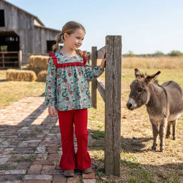 RTS NO MOQ （In stock）GLP2355 milk silk Baby Girls Cute Long Sleeves Green Boots Cactus Tunic Ruffle Pant Set