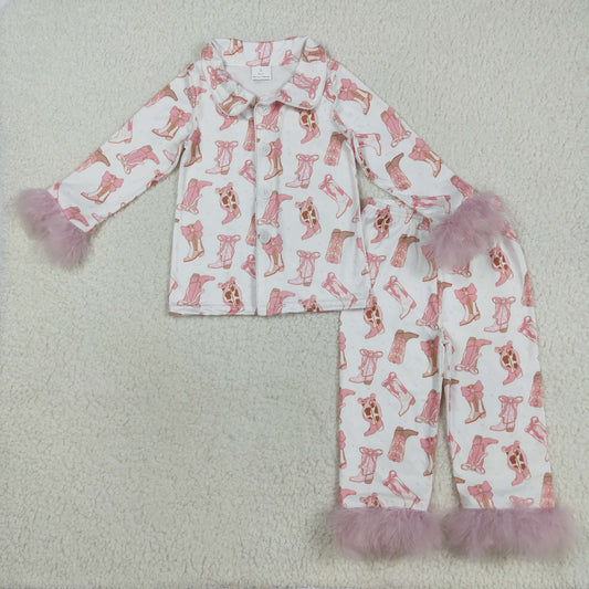 8.23 RTS NO MOQ （In stock）GLP2359 Baby Girls Winter Outfits Baby Girls Pink Fur Sleeves Bows Boots Plaid Button Top Pant Pajamas Set