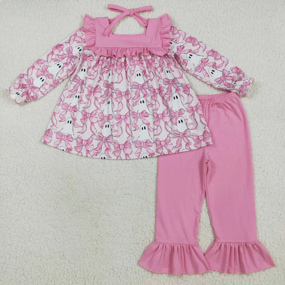 10.2 RTS Sibling Baby Girls Long Sleeves Ghosts Bows Tunic Pants Halloween Clothes Sets