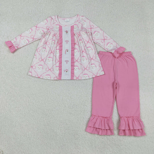 RTS NO MOQ （In stock）GLP2364 Baby Girls Winter Outfits Girls Pink Bow Santa Tunic Romper with Ruffle Pants for Christmas Holiday Outfits