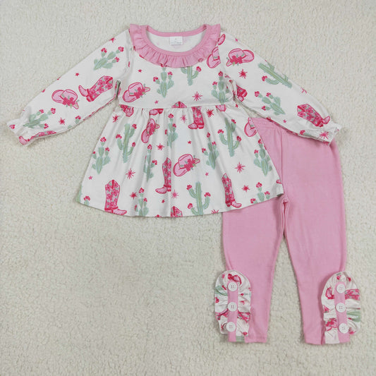 RTS NO MOQ （In stock）GLP2367 Baby Girls Winter Outfits Baby Girls Pink Boots Cactus Tunic Legging Pants Western Set