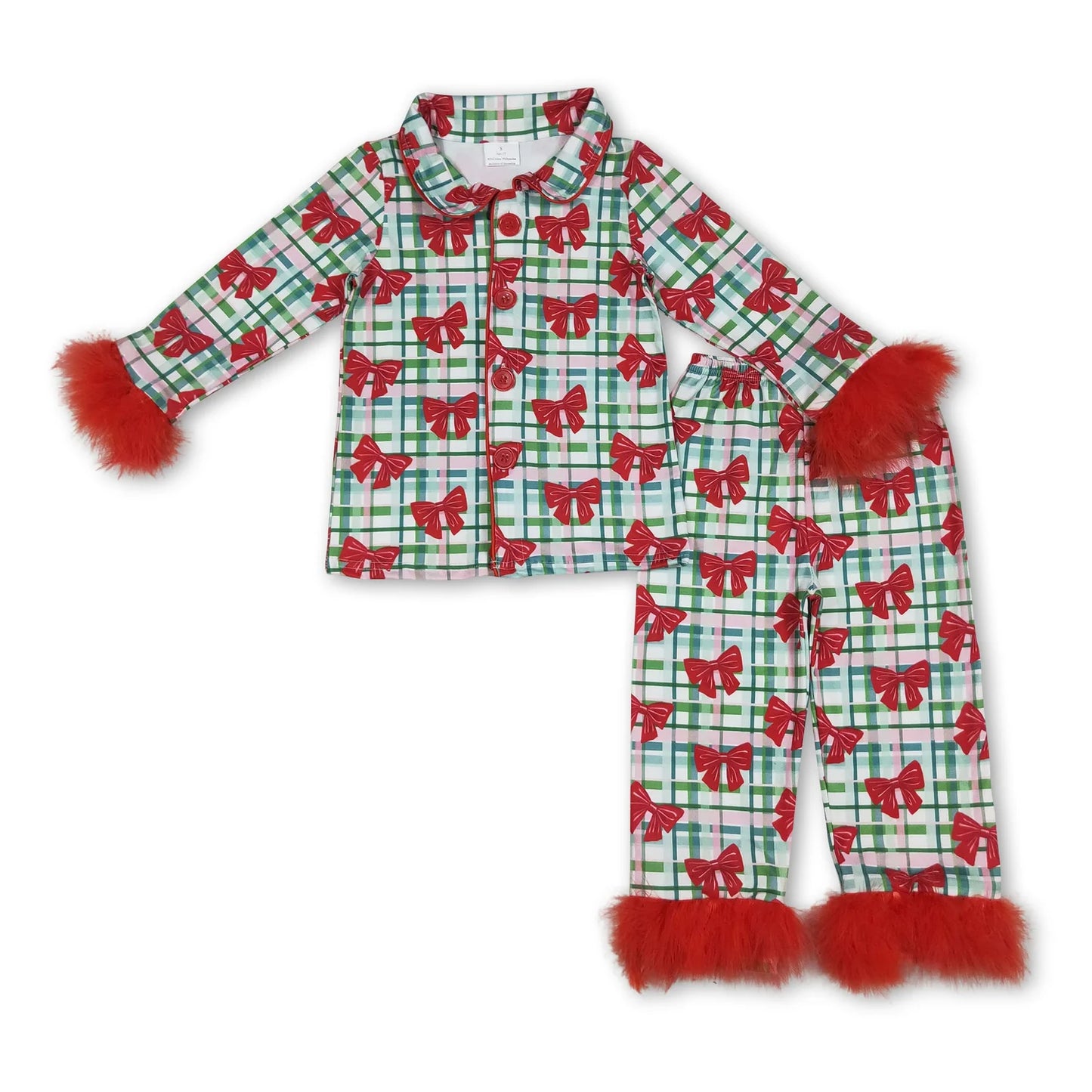 12.6 RST Sibling Baby Girls Christmas Fur Sleeve Bows Buttons Top Pants Pajamas Sets