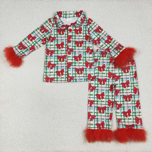 8.18 RTS NO MOQ （In stock） GLP2372 Baby Girls Winter Outfits Baby Girls Red Long Sleeves With Fur Bows Plaid Button Top Pants Pajamas Set