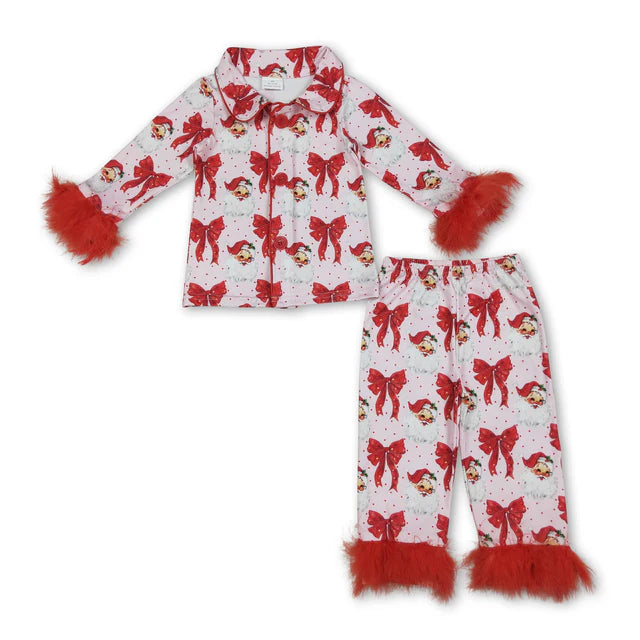 RTS Sibling Baby Girls Sister Christmas Bows Santa Buttons Top Pants Fur Pajamas Clothes Sets