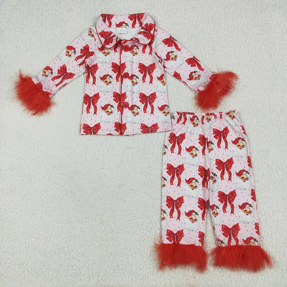 10.2 RTS Sibling Baby Girls Christmas Fur Sleeve Bows Buttons Top Pants Pajamas Sets