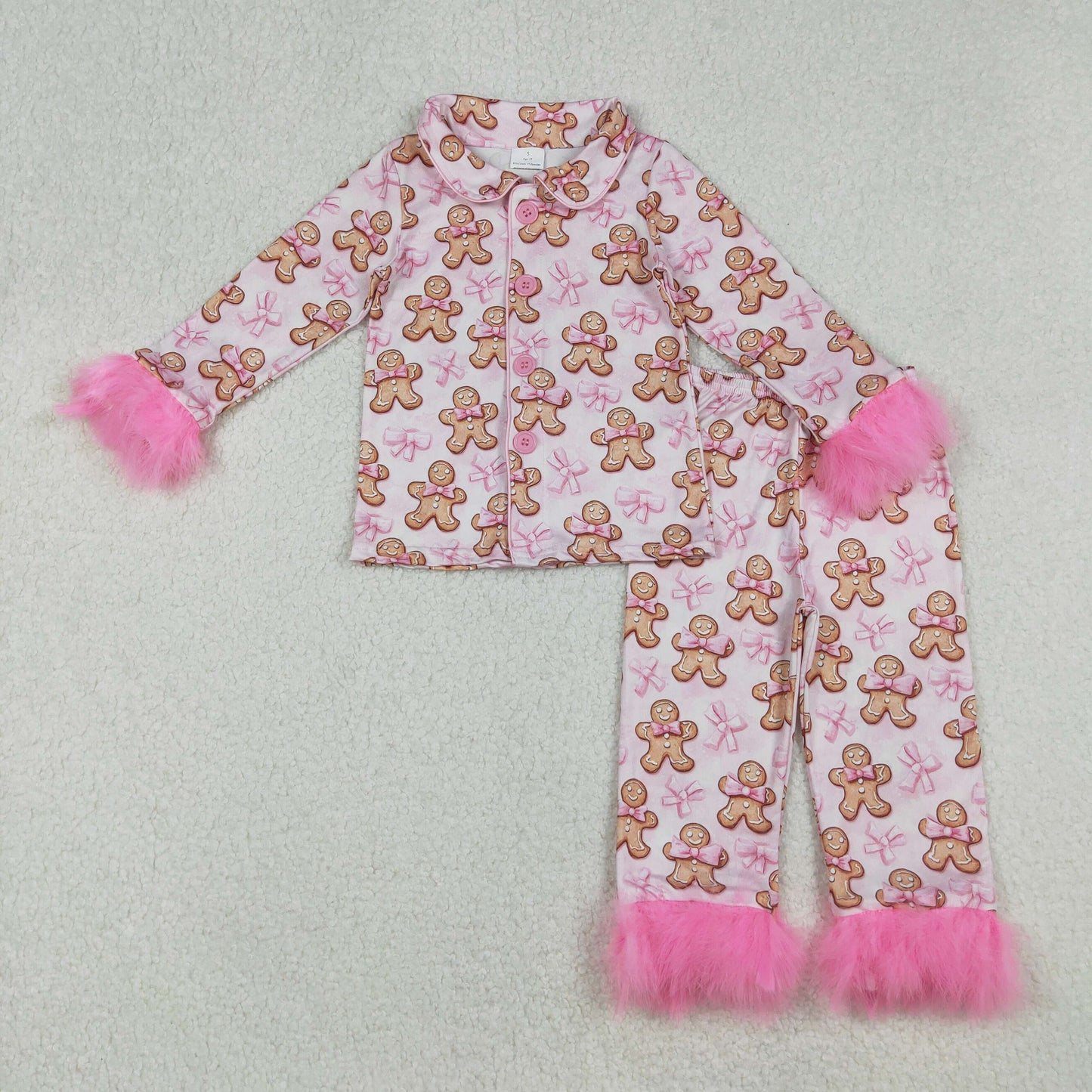 RTS NO MOQ （In stock）GLP2374 Baby Girls Winter Outfits Girls Pink Fur Pajamas with Gingerbread Bow Christmas Theme Button down Nightwear for Kids
