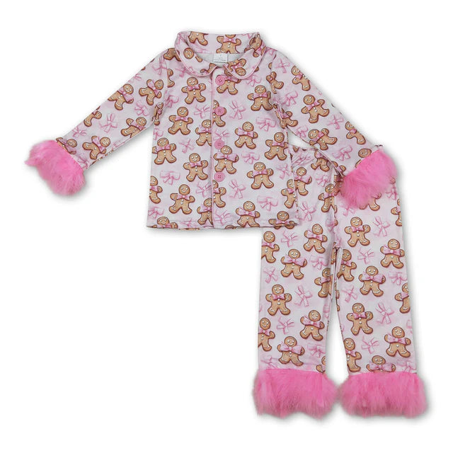 RTS Sibling Baby Girls Sister Christmas Bows Santa Buttons Top Pants Fur Pajamas Clothes Sets