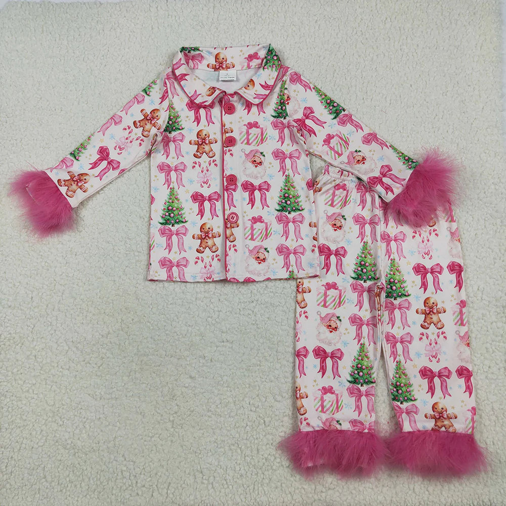 10.2 RTS Sibling Baby Girls Christmas Fur Sleeve Bows Buttons Top Pants Pajamas Sets