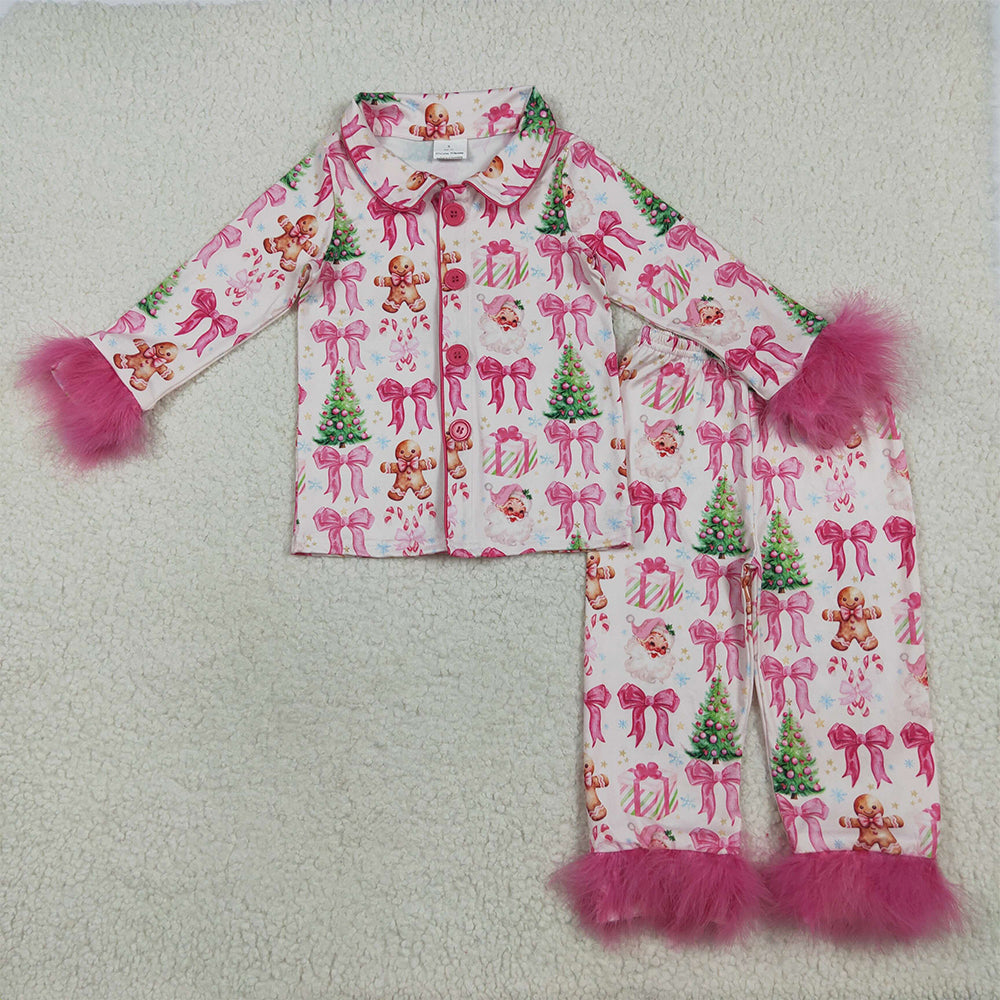 8.18 RTS NO MOQ （In stock）GLP2375  Baby Girls Winter Outfits Baby Girls Hot Pink Long Sleeves With Fur Bows Gingerbread Trees Button Top Pants Pajamas Set