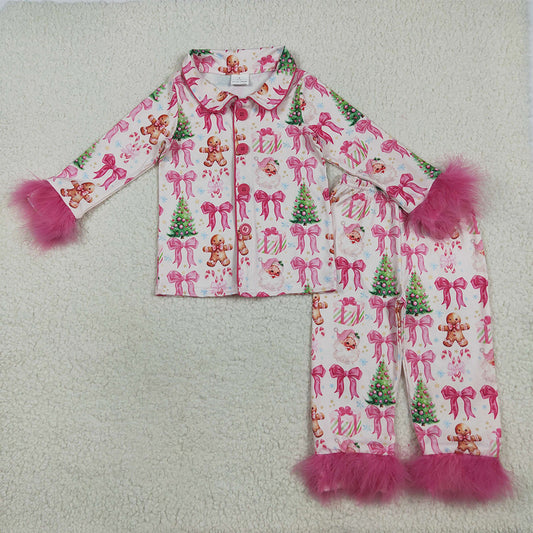 8.18 RTS NO MOQ （In stock）GLP2375  Baby Girls Winter Outfits Baby Girls Hot Pink Long Sleeves With Fur Bows Gingerbread Trees Button Top Pants Pajamas Set