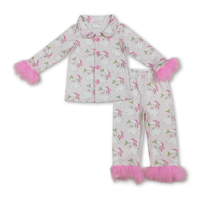 RTS Sibling Baby Girls Sister Christmas Bows Santa Buttons Top Pants Fur Pajamas Clothes Sets