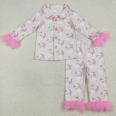 9.27 RTS Sister Christmas Bows Santa Buttons Top Pants Fur Pajamas Clothes Sets