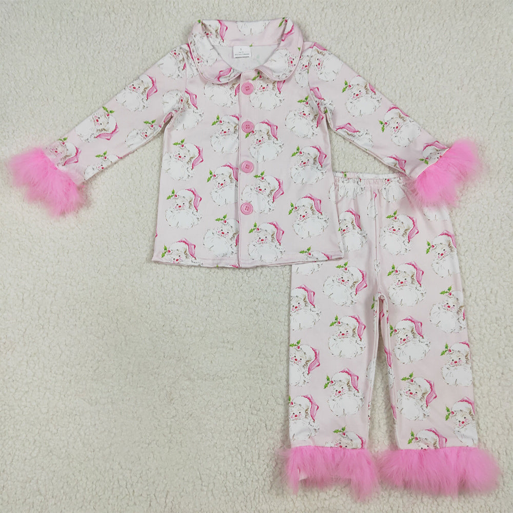 8.18 RTS NO MOQ （In stock） GLP2376 Baby Girls Winter Outfits Baby Girls Pink Long Sleeves With Fur Santa Button Top Pants Pajamas Set