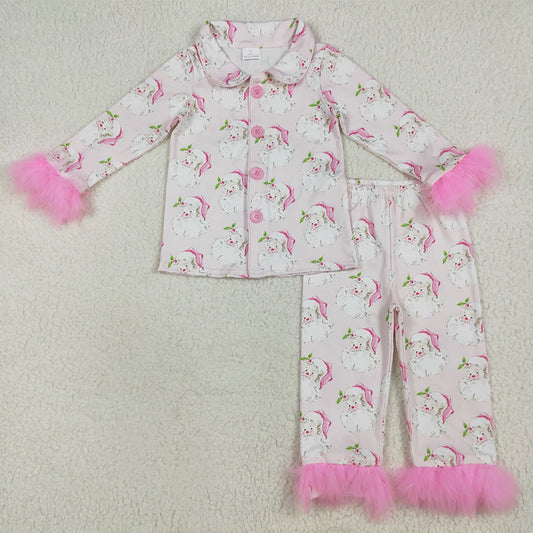 8.18 RTS NO MOQ （In stock） GLP2376 Baby Girls Winter Outfits Baby Girls Pink Long Sleeves With Fur Santa Button Top Pants Pajamas Set